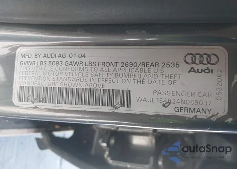 2004 Audi A6 3.0 z USA, uszkodzony, nr VIN WAULT64B24N069037